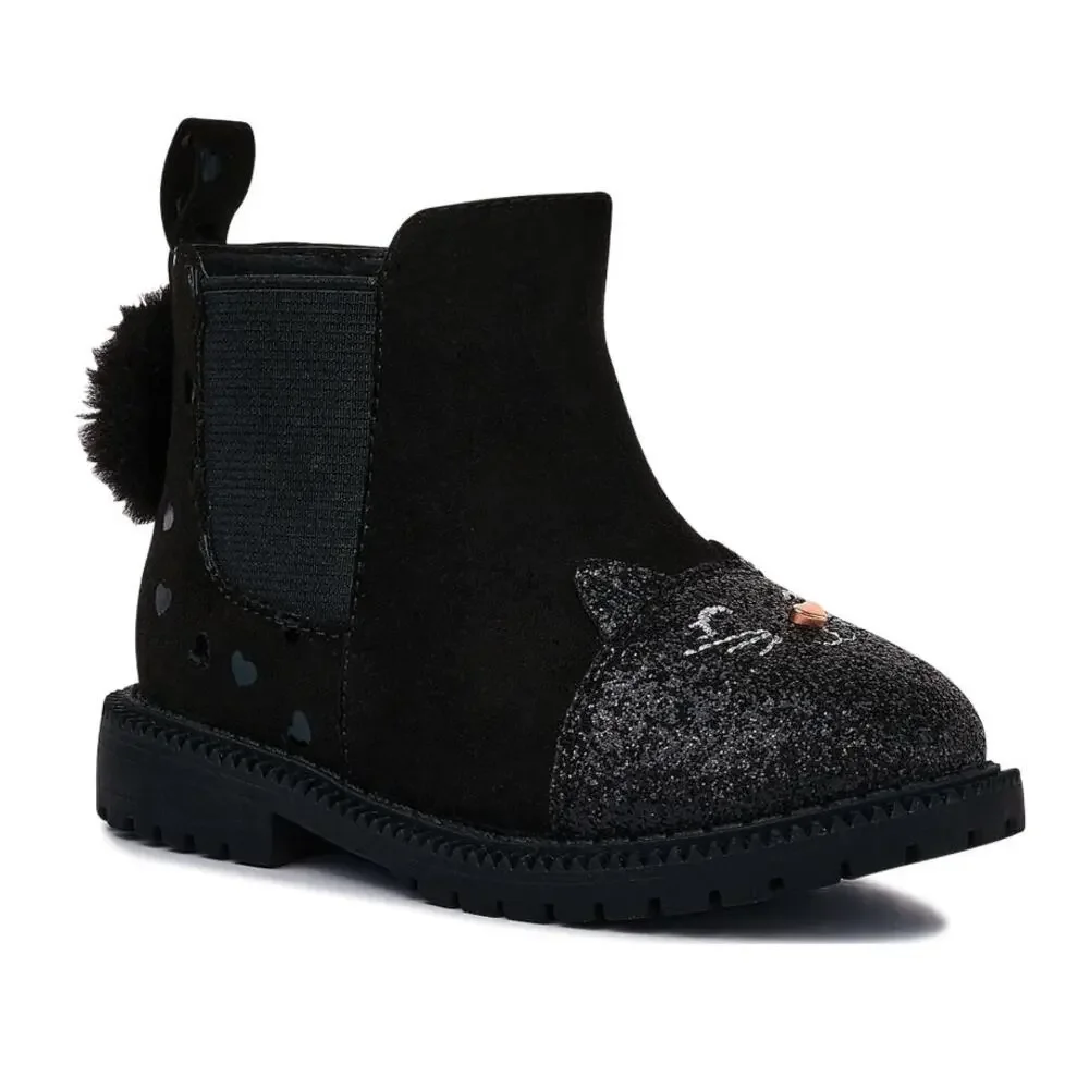 2 pr of Wonder Nation Baby Girl Boots, Size 2 Infant Black Cat, Silver High Top